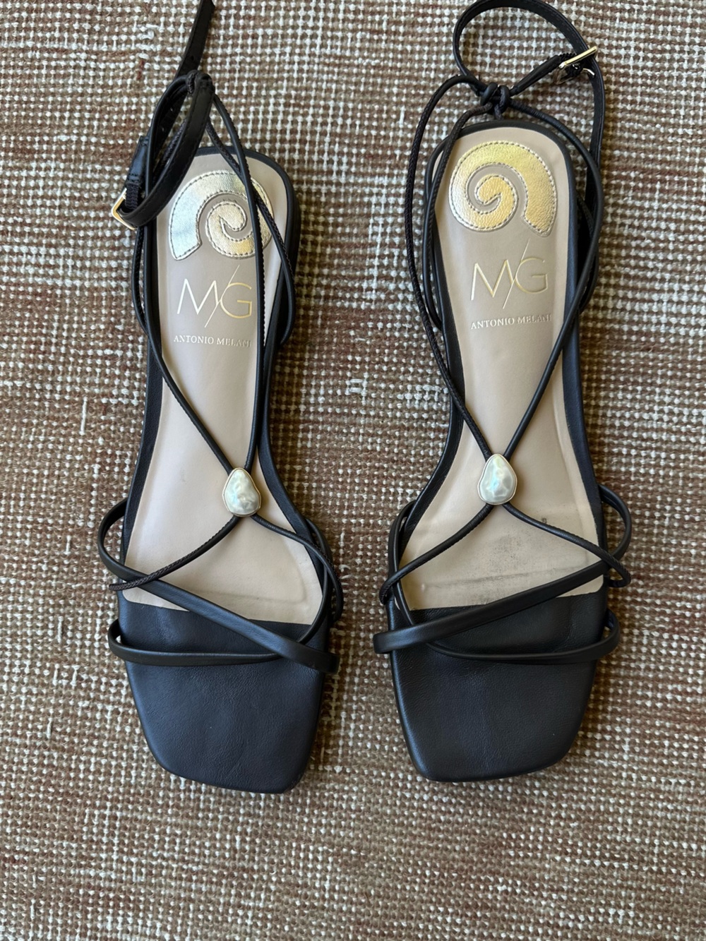 ANTONIO MELANI X MG STYLE  Sonny Brown Strappy Square-Toe Sandals w/Pearl Detail